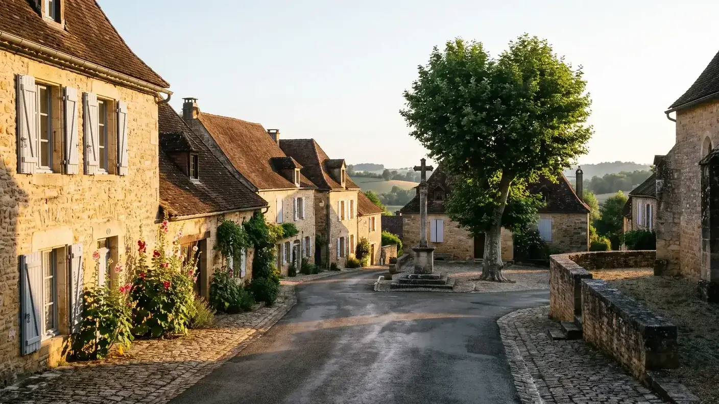 Una tranquila callejuela de un pueblo de la región de Ribérac a primera hora de la mañana, casas de piedra dorada con contraventanas grises, una cruz de misión, malvas reales, ni un solo coche