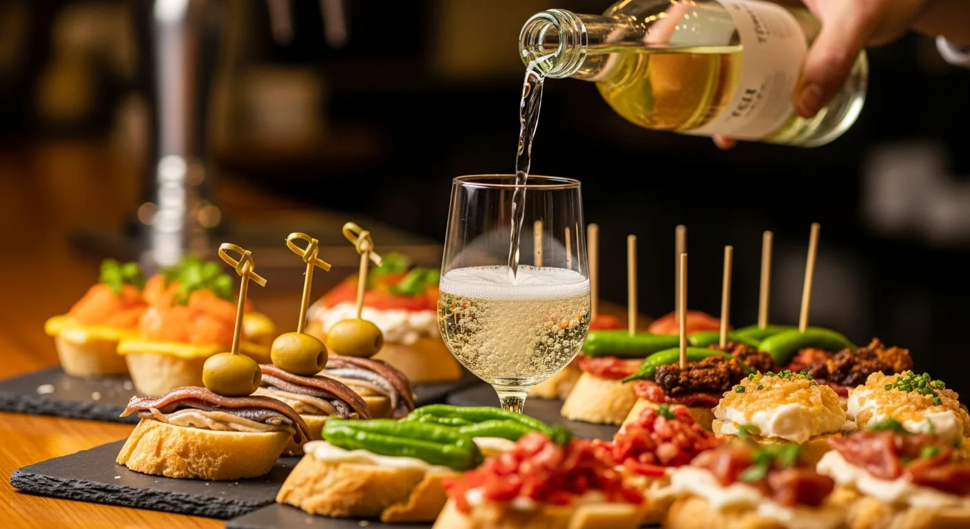 Pintxos vascos en la barra del bar con una copa de txakoli servida desde lo alto, bocaditos sobre pan con palillos