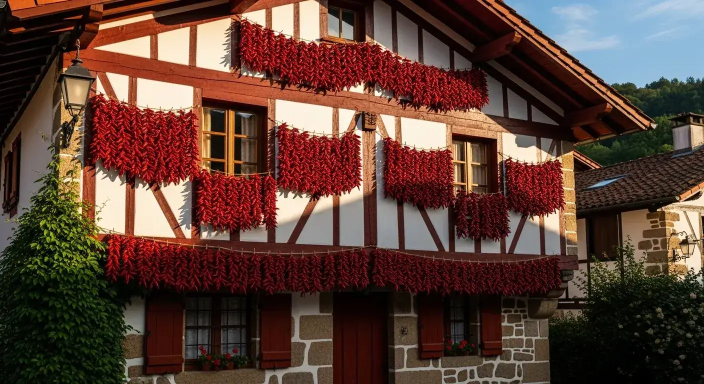 Pueblo de Espelette, con casas de entramado de madera blancas y rojas adornadas con guirnaldas de guindillas secándose al sol