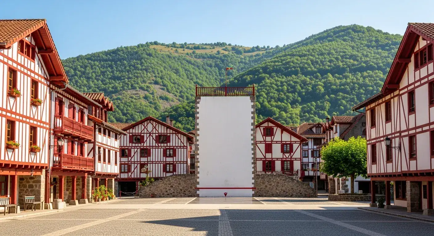 Frontón de pelota vasca en un pueblo con casas de entramado de madera rojas y blancas, con los Pirineos al fondo