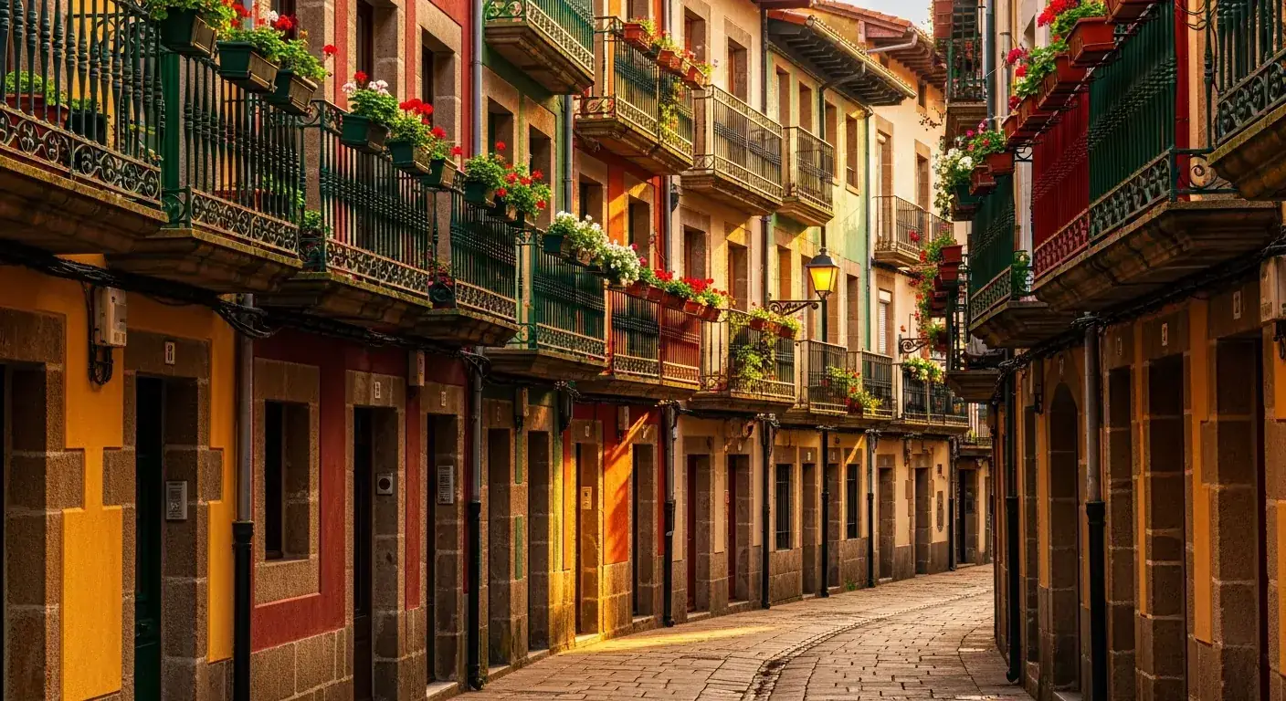 Colorida callejuela medieval del Casco Viejo de Bilbao, balcones de hierro forjado, fachadas estrechas
