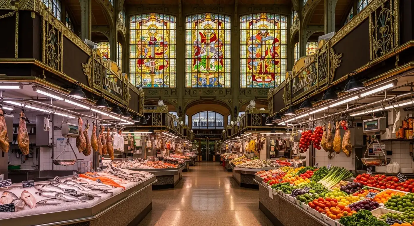 Interior de estilo Art Déco del Mercado de la Ribera de Bilbao, puestos de pescado, jamones, verduras y vidrieras