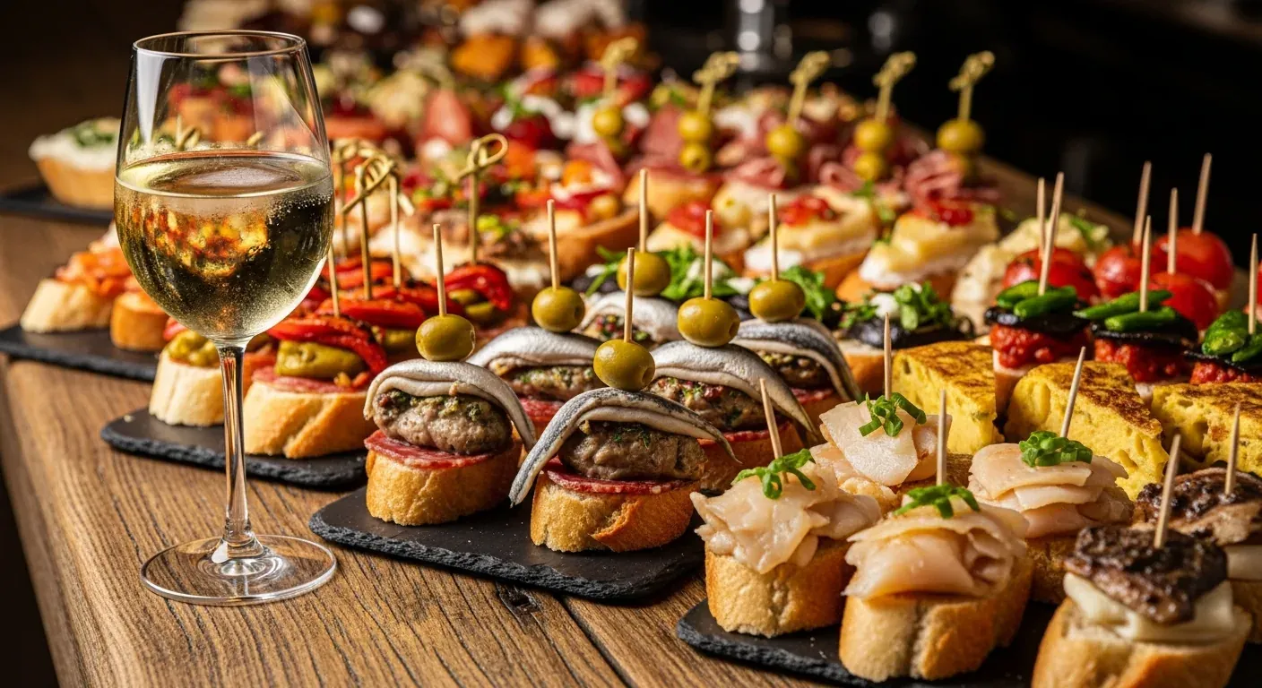Plato de pintxos vascos en la barra de madera: gilda, bacalao al pil-pil, tortilla y una copa de txakoli