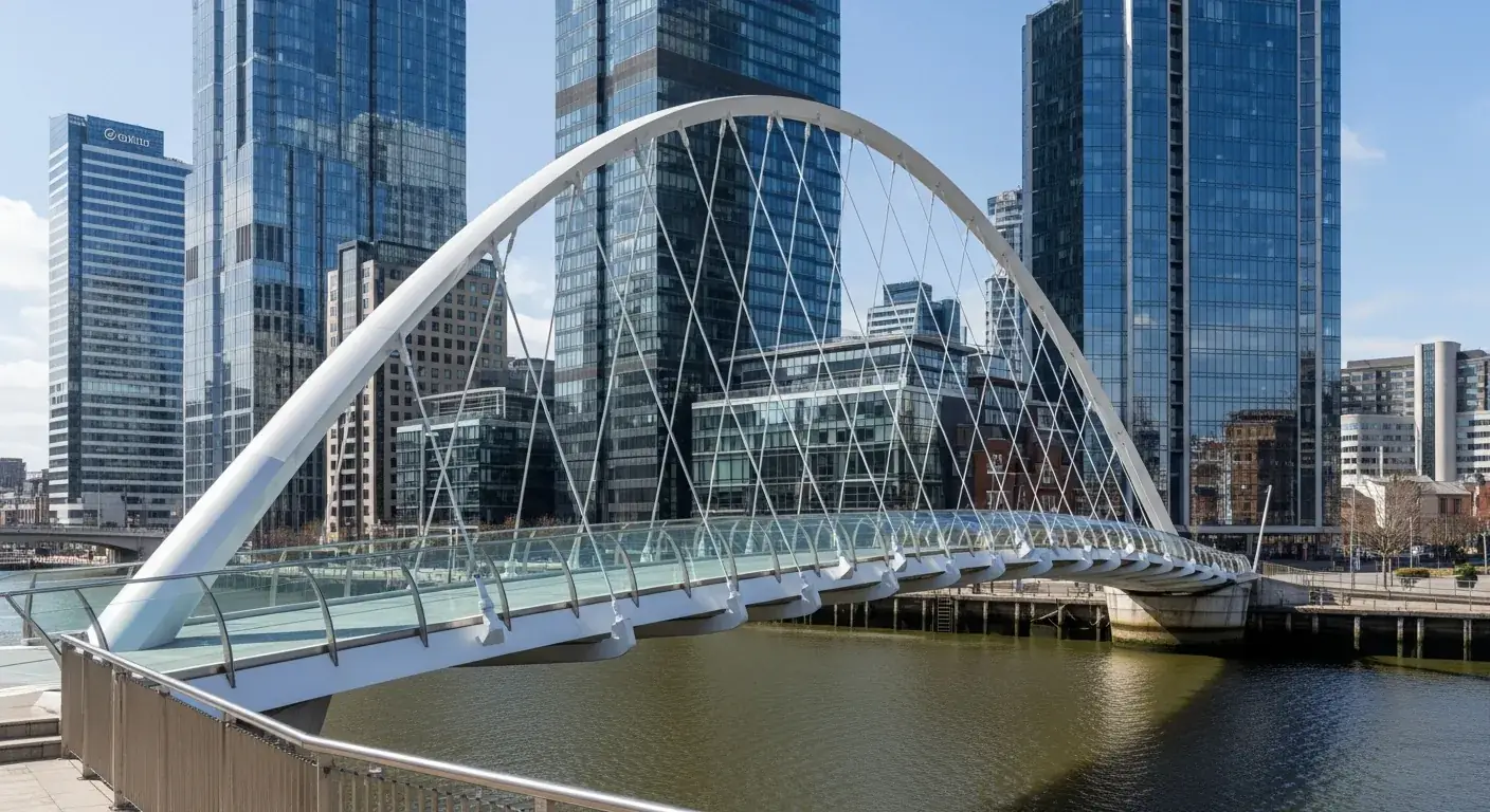 Pasarela peatonal «Zubizuri» de Santiago Calatrava en Bilbao, un arco de acero blanco sobre la ría
