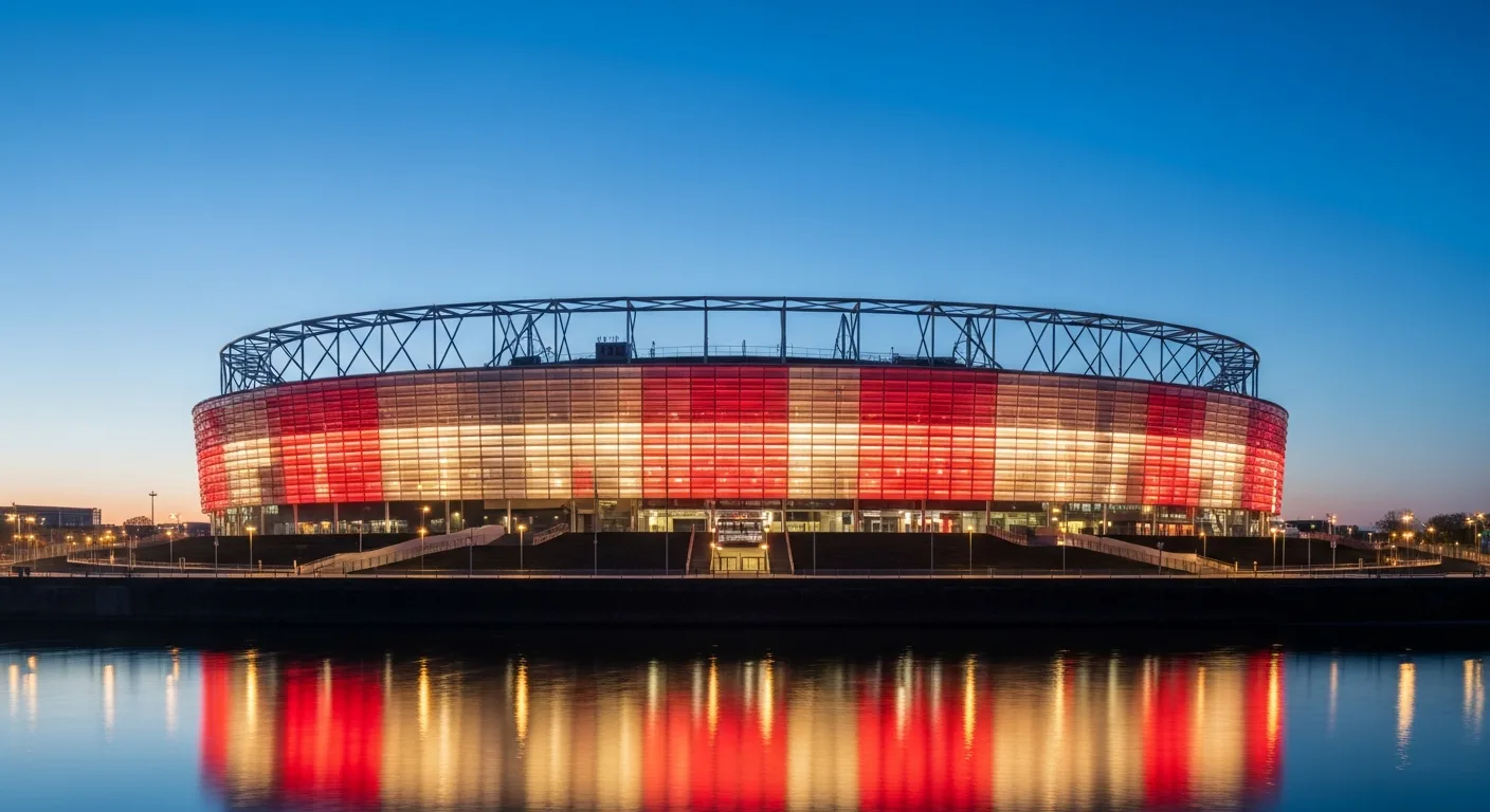 El estadio de San Mamés del Athletic Club de Bilbao al atardecer, con su fachada roja y blanca