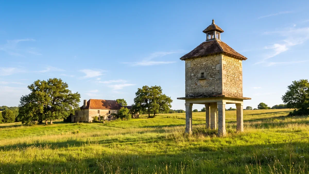 Un palomar tradicional del suroeste, construido sobre pilotes de piedra y coronado por una linternilla, situado en un prado cerca de una granja