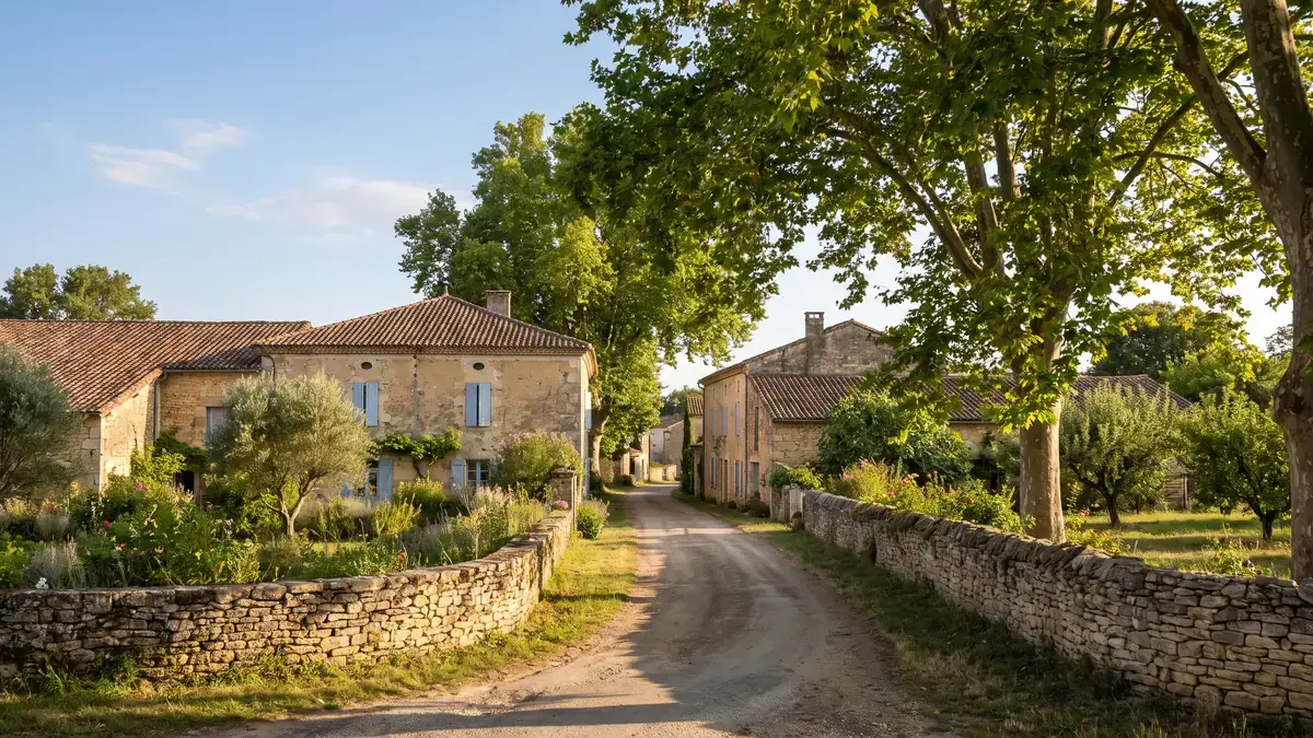 Un camino rural bordeado de muretes de piedra y casas antiguas con contraventanas en una aldea de Lot-et-Garonne