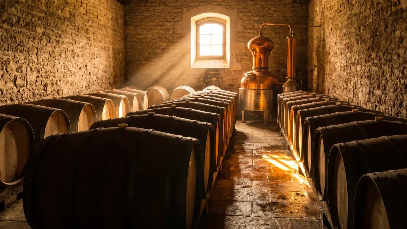 El interior de una bodega de coñac en Charente, con hileras de barricas de roble en la penumbra y un alambique de cobre de Charente al fondo