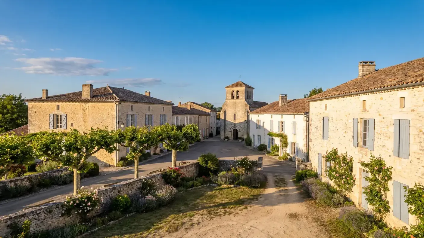 Pueblo de piedra y tejados de tejas en la campiña que rodea Birac