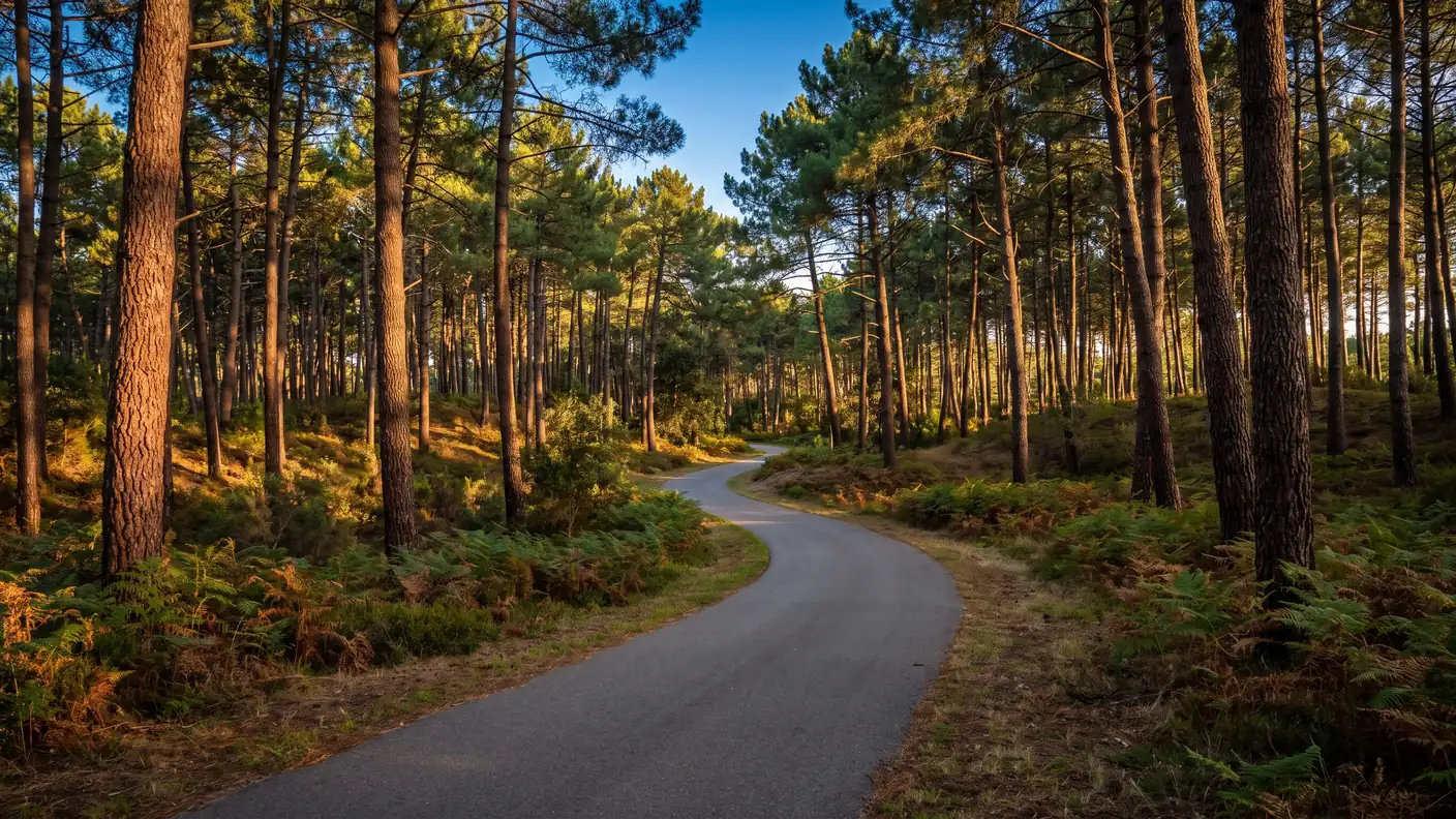 Un carril bici desierto que serpentea entre los pinos marítimos del bosque de las Landas, bajo una luz dorada