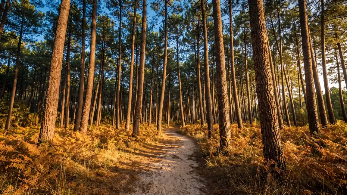 Altos pinos marítimos de tronco rojizo sobre un tapiz de helechos, un sendero arenoso bañado por la luz dorada