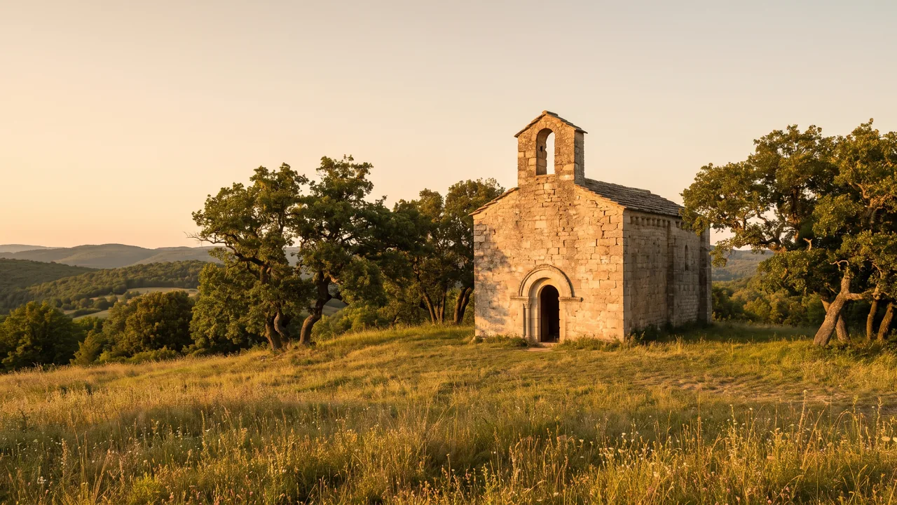 Pequeña y austera capilla románica construida con piedra del Blanzacais, con un portal de medio punto y un campanario adosado, rodeada de hierba y árboles centenarios