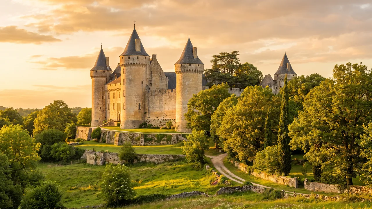 Castillo de piedra clara, con torres y tejados cónicos que se alzan por encima de los árboles, que recuerda a Barbezieux, en el sur de Charente