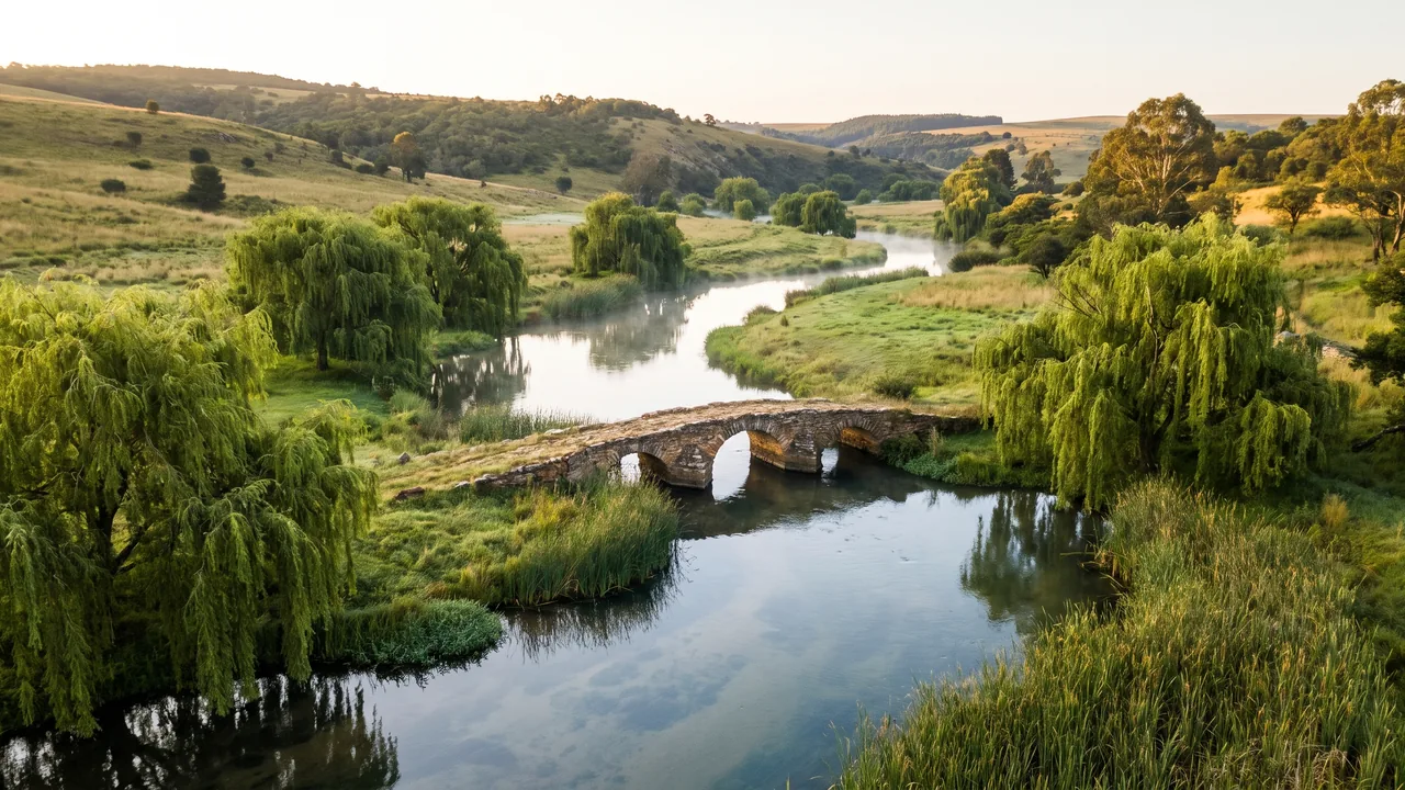 El Né, un pequeño río cristalino de la región de Blanzac que serpentea entre sauces y praderas húmedas, un pequeño puente de piedra, luz dorada