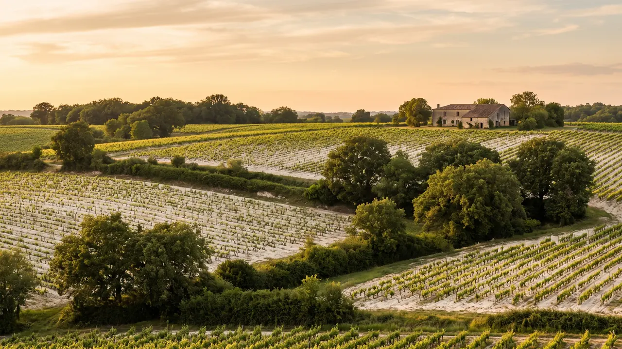 Campiña ondulada de Blanzacais, en Charente, con campos de tierra clara, viñedos, setos y bosquecillos de robles