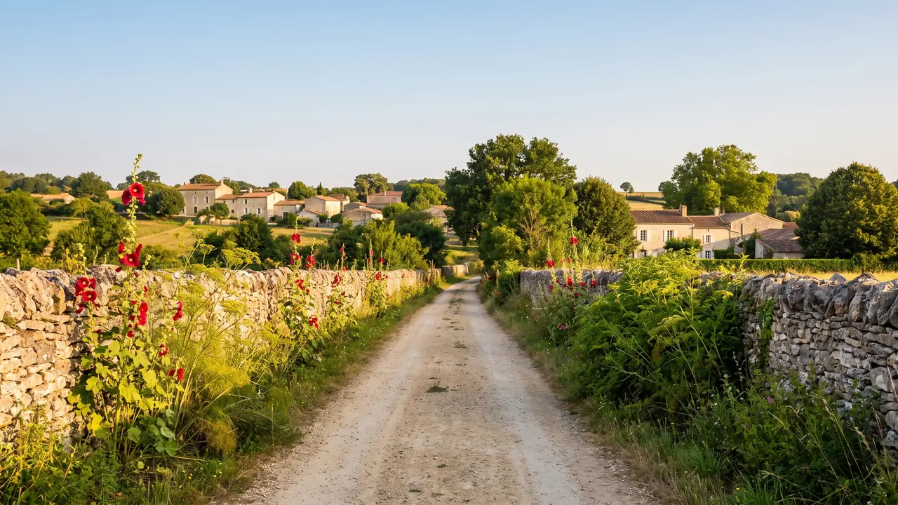 Camino rural a las afueras de un pueblo de la región de Blanzac, muros de piedra seca, malvas y casas de colores claros