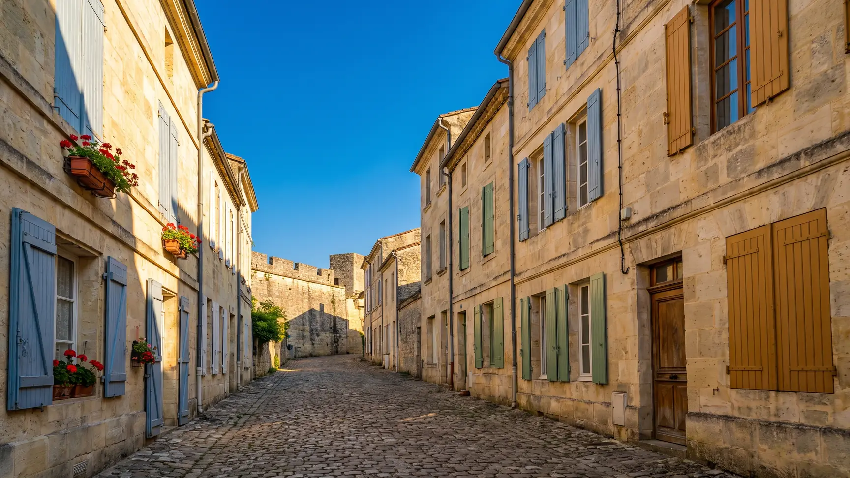 Callejuela empedrada en la ciudad amurallada de la ciudadela de Blaye