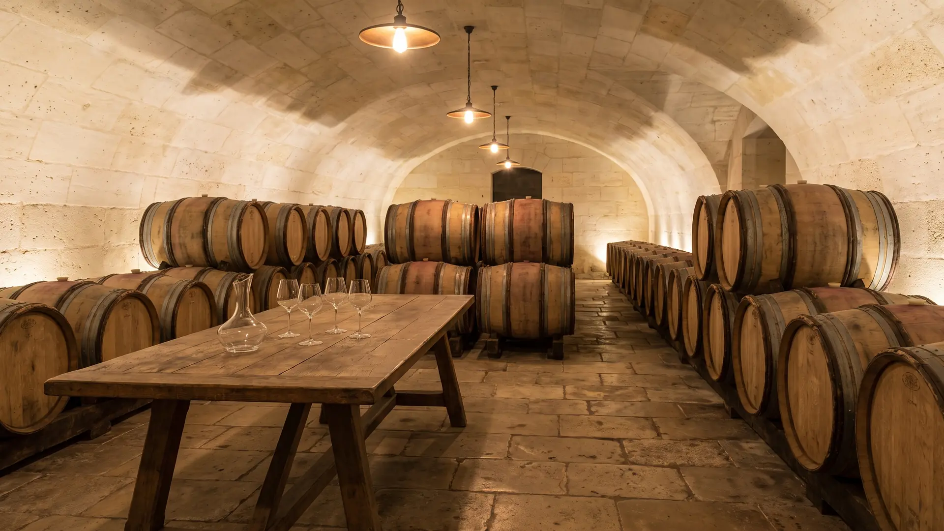 Barricas de roble en una bodega tradicional de la región de Blaye