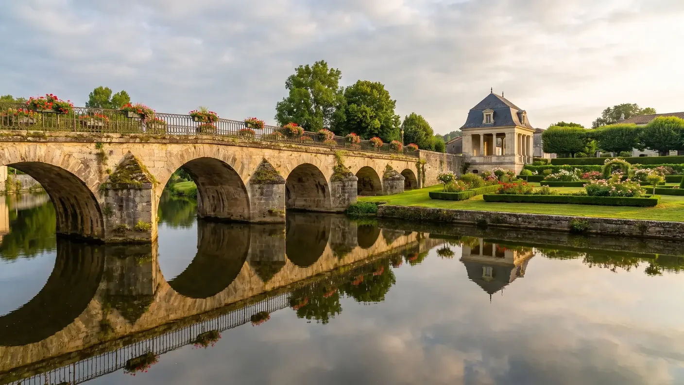 Puente en curva y jardines de Brantôme sobre el río Dronne — traslado privado desde Burdeos