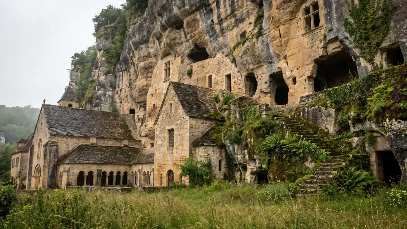 Acantilado calcáreo dorado de Brantôme, salpicado de cuevas troglodíticas medievales detrás de los edificios de la abadía