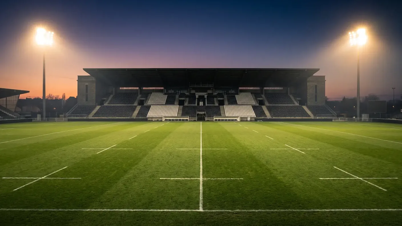 Estadio de rugby con gradas en blanco y negro bajo los focos al atardecer, que recuerda al estadio Amédée-Domenech