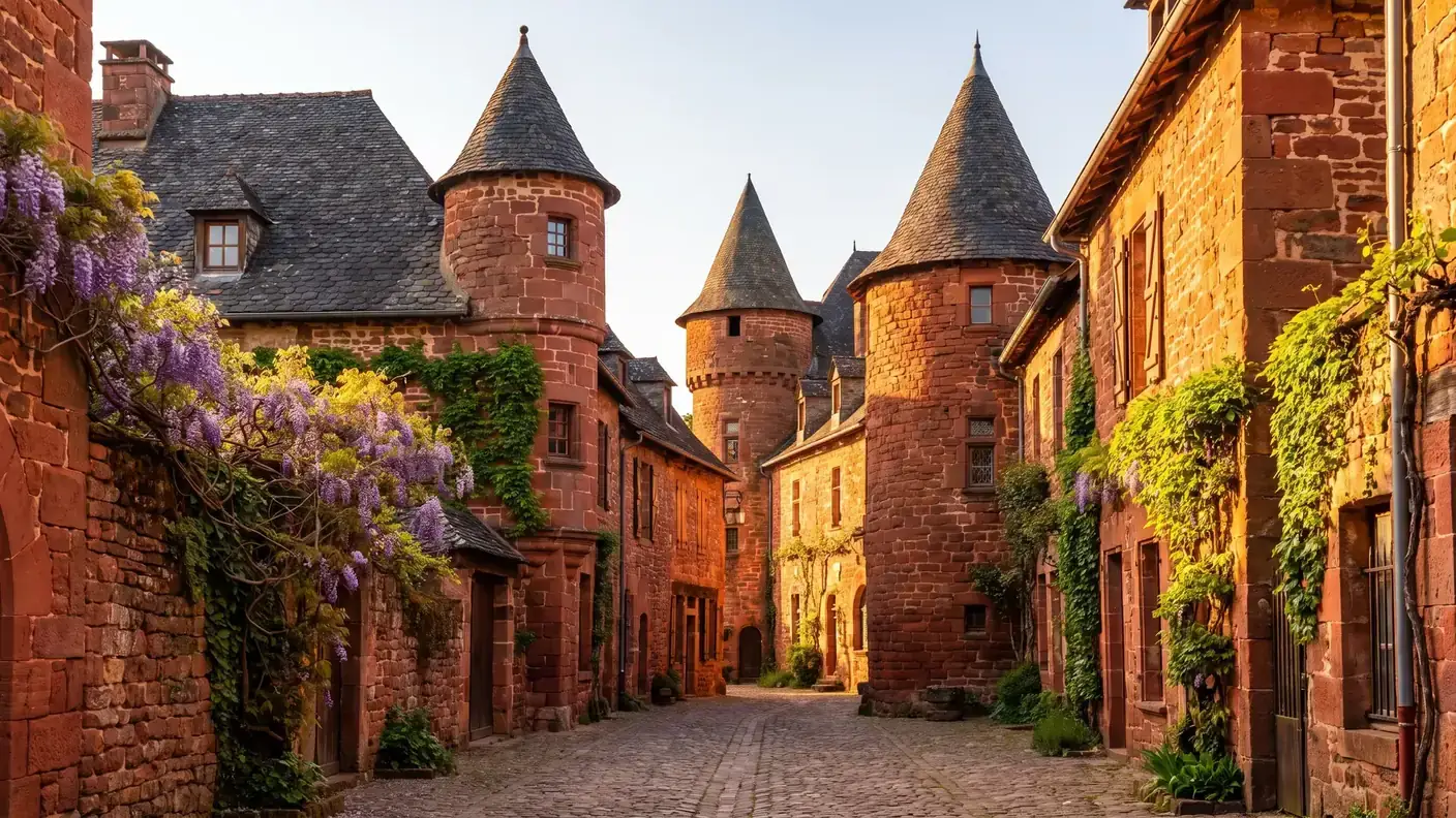 El pueblo de arenisca roja de Collonges-la-Rouge, etapa de un día desde Brive-la-Gaillarde en Corrèze