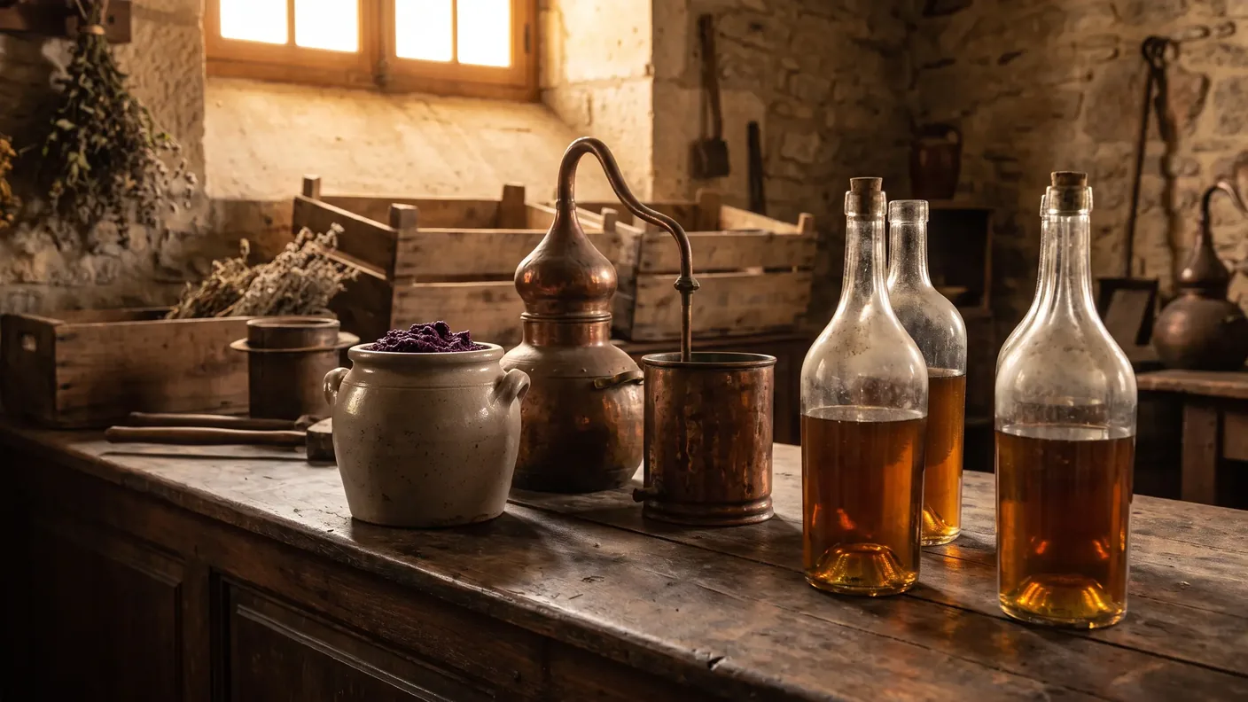 Un tarro de mostaza violeta de Brive, una copa de licor de nueces y nueces peladas sobre una mesa de madera