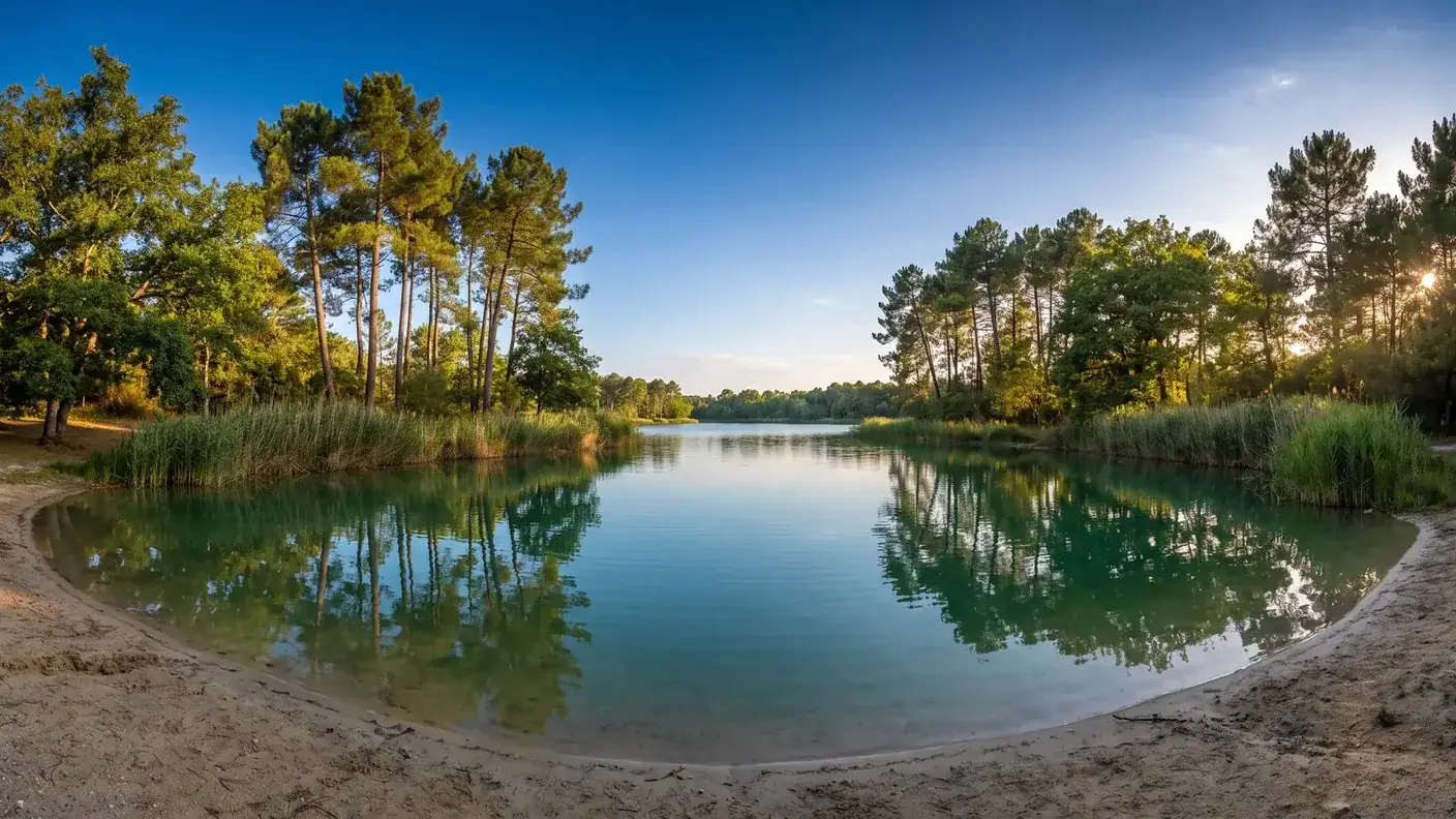 Un estanque recreativo al borde de un bosque de pinos y robles en Charente, con aguas tranquilas de color verde azulado, una playa de arena y juncos