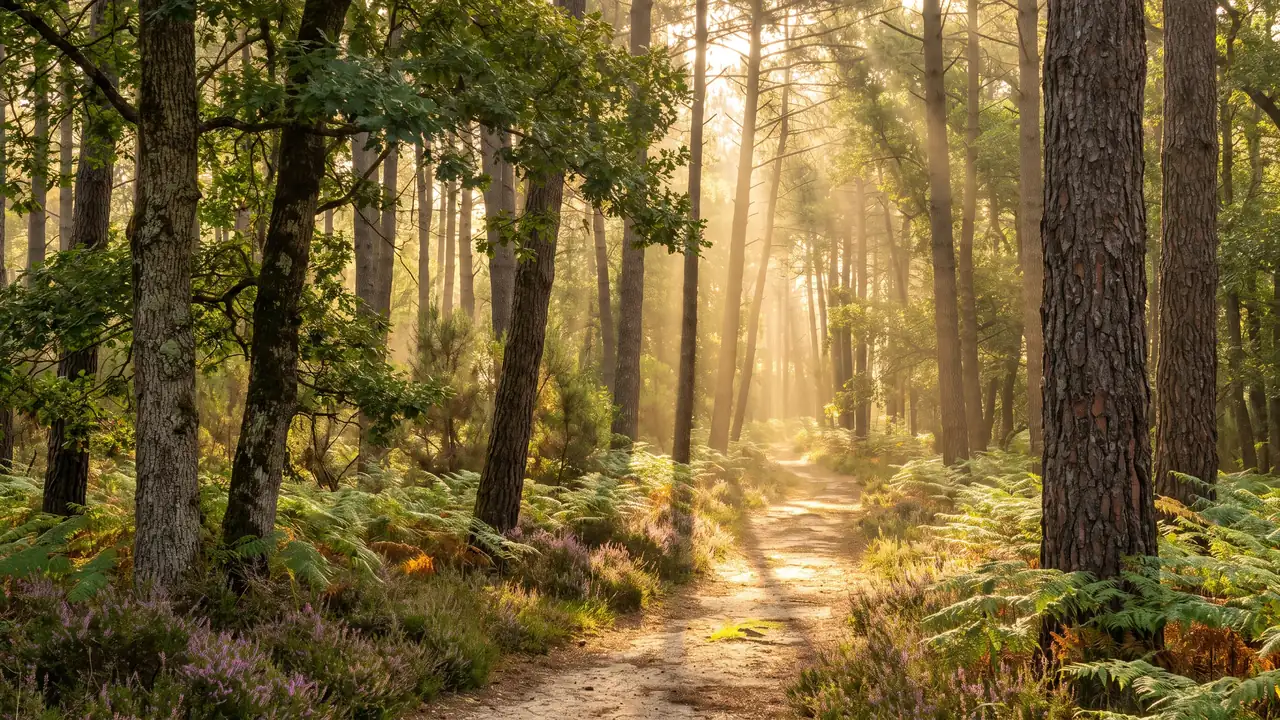 Un bosque de pinos marítimos y robles de la Double Saintongeaise, en Charente, con un sotobosque de helechos y brezo