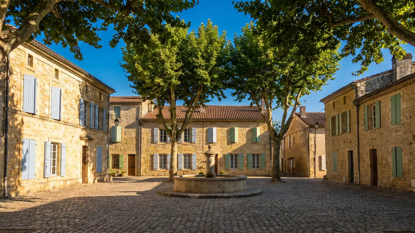 Una plaza de un pueblo de la Charente con casas de piedra caliza dorada, contraventanas en tonos pastel, una fuente y plátanos