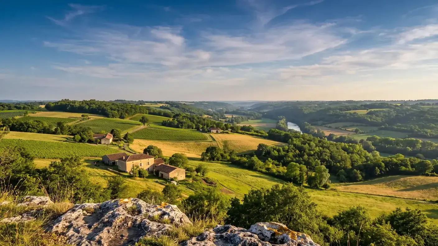 Una vista panorámica desde una cresta caliza del sur de Charente sobre un valle salpicado de setos, viñedos, campos y bosques