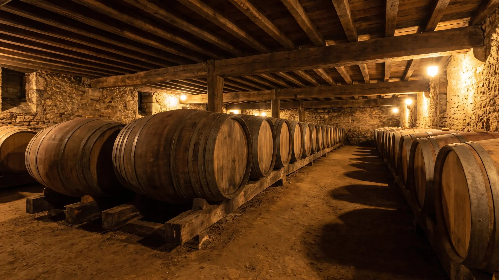 Hileras de barricas en una bodega de los Vignerons de Buzet