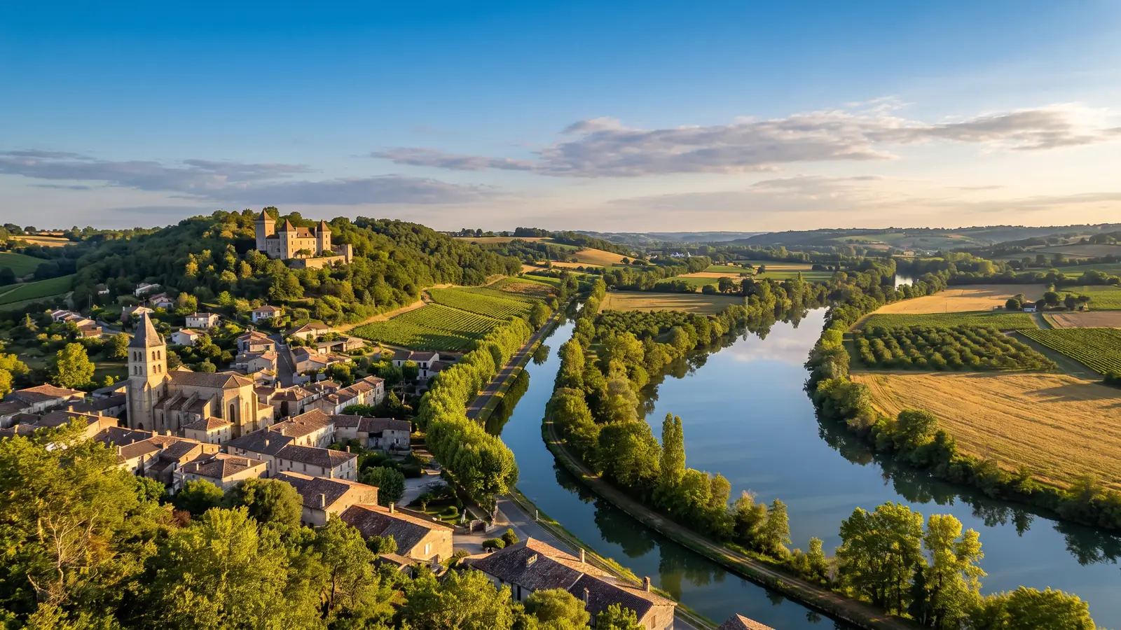 Panorama de Buzet-sur-Baïse, del canal y del valle