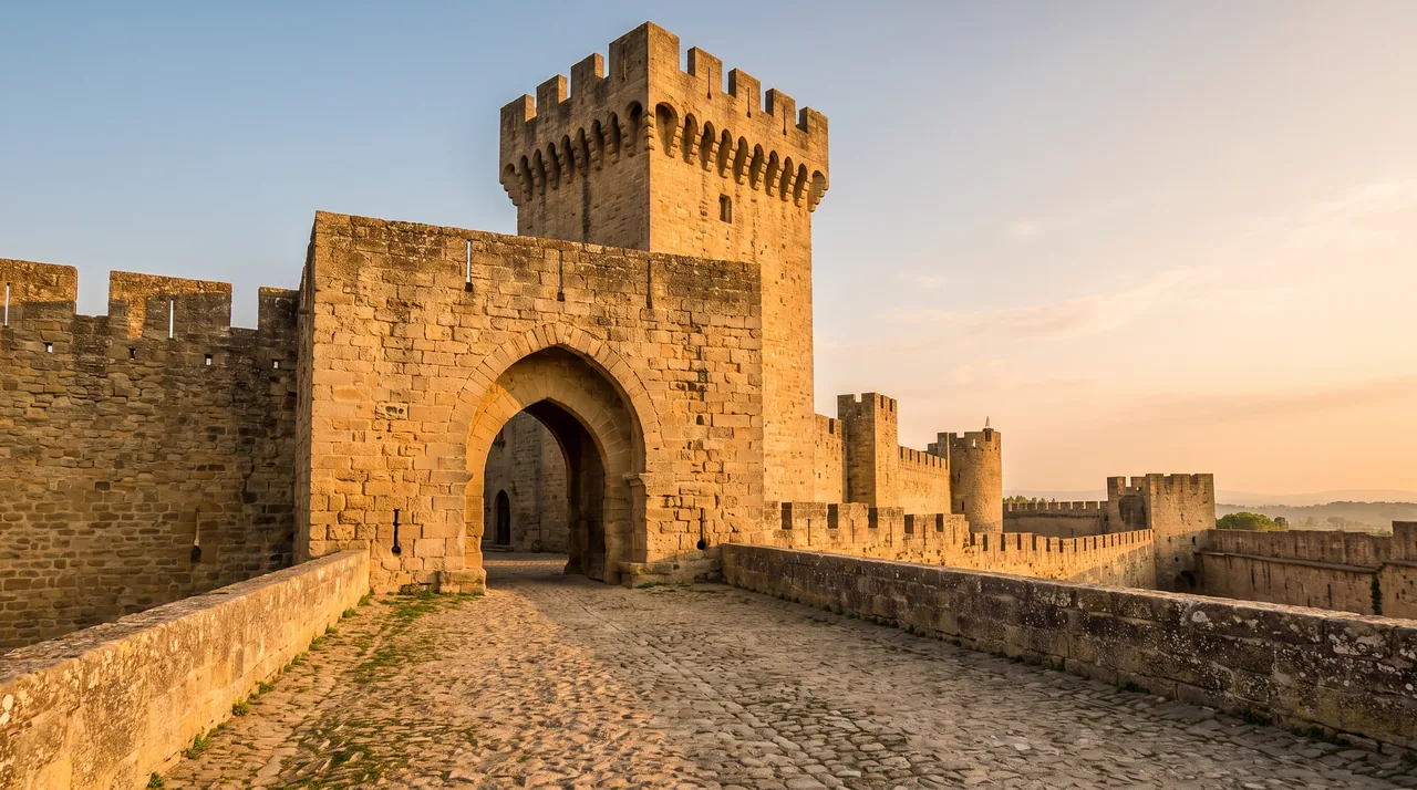 Puerta medieval de piedra y torre almenada de las murallas de la bastida de Cadillac, bajo la cálida luz del atardecer