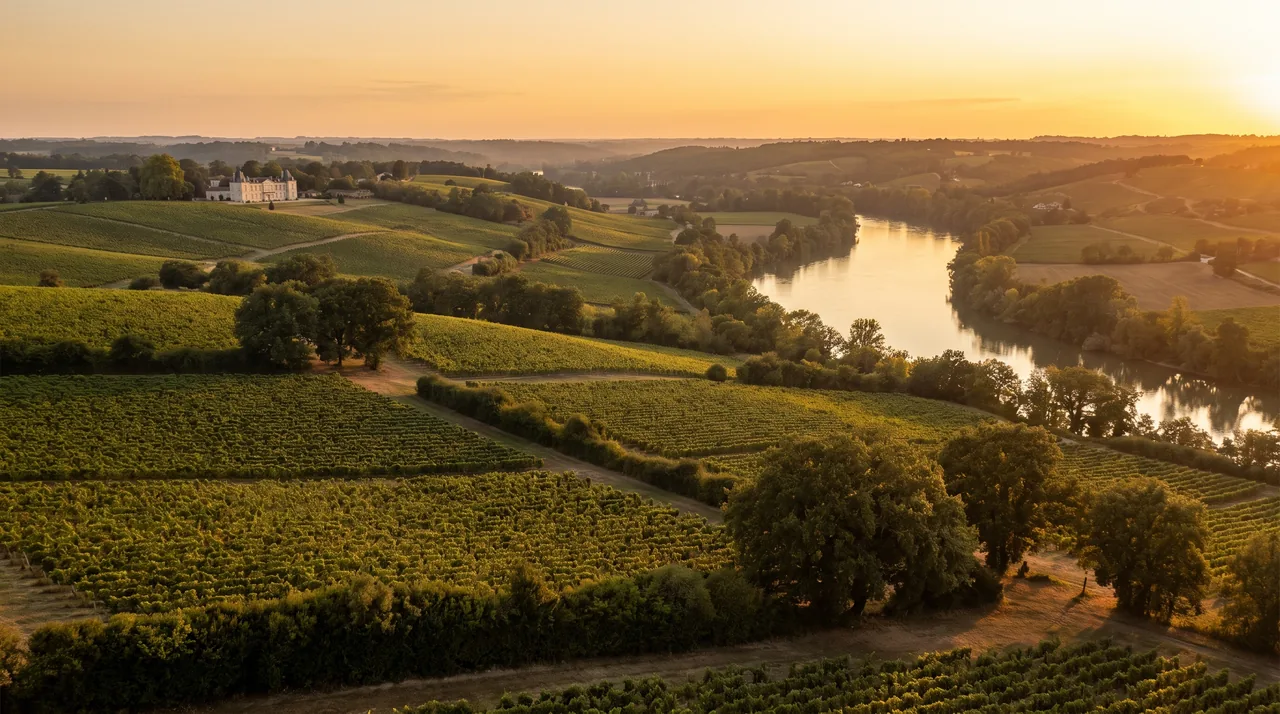 Laderas vitícolas de la margen derecha del Garona, cerca de Cadillac, al atardecer; viñedos y un castillo a lo lejos