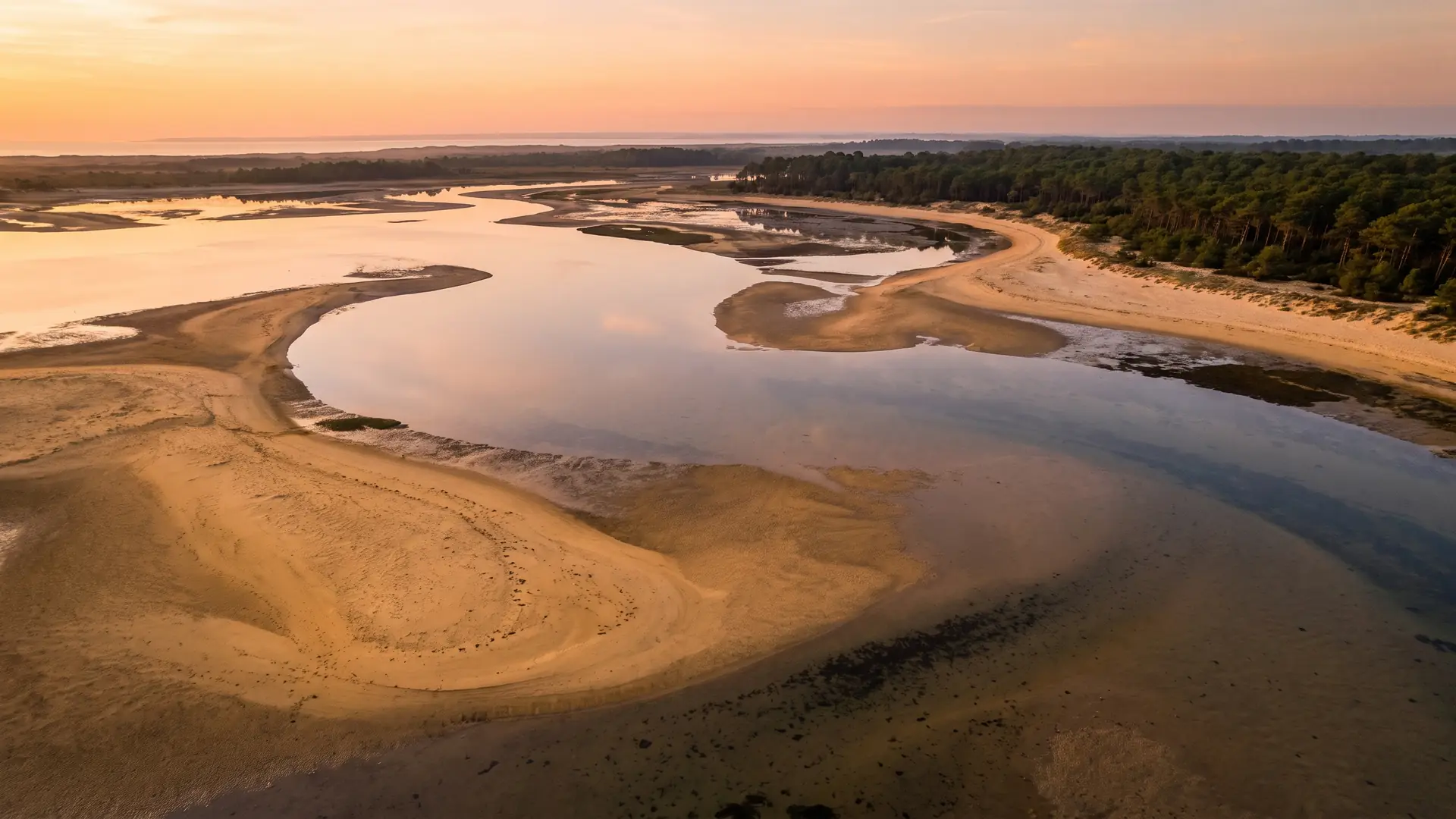 La bahía protegida de Bonne Anse, cerca de La Palmyre, con marea baja, bancos de arena y pinos, junto al camping Atlantique Parc