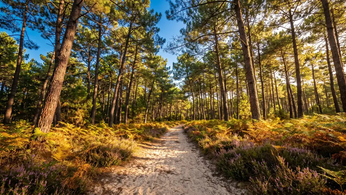 Un sendero de arena que serpentea por el bosque de pinos de Le Porge, con altos pinos y helechos dorados, cerca del camping La Grigne