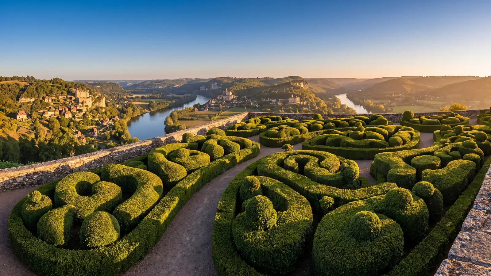 Bojes podados de los jardines de Marqueyssac, frente al río Dordoña