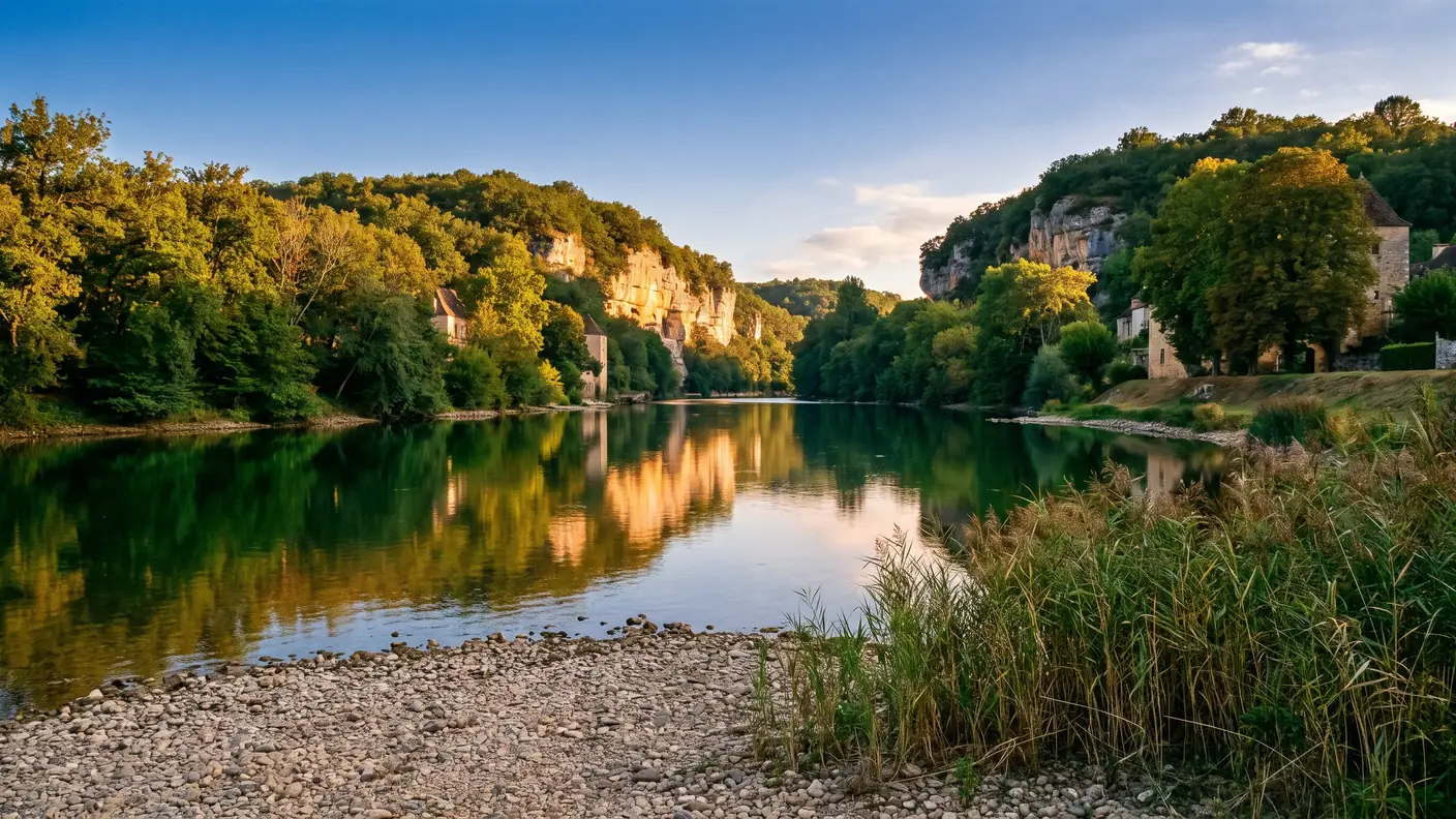 El río Vézère, entre acantilados y bosques, cerca de Saint-Léon