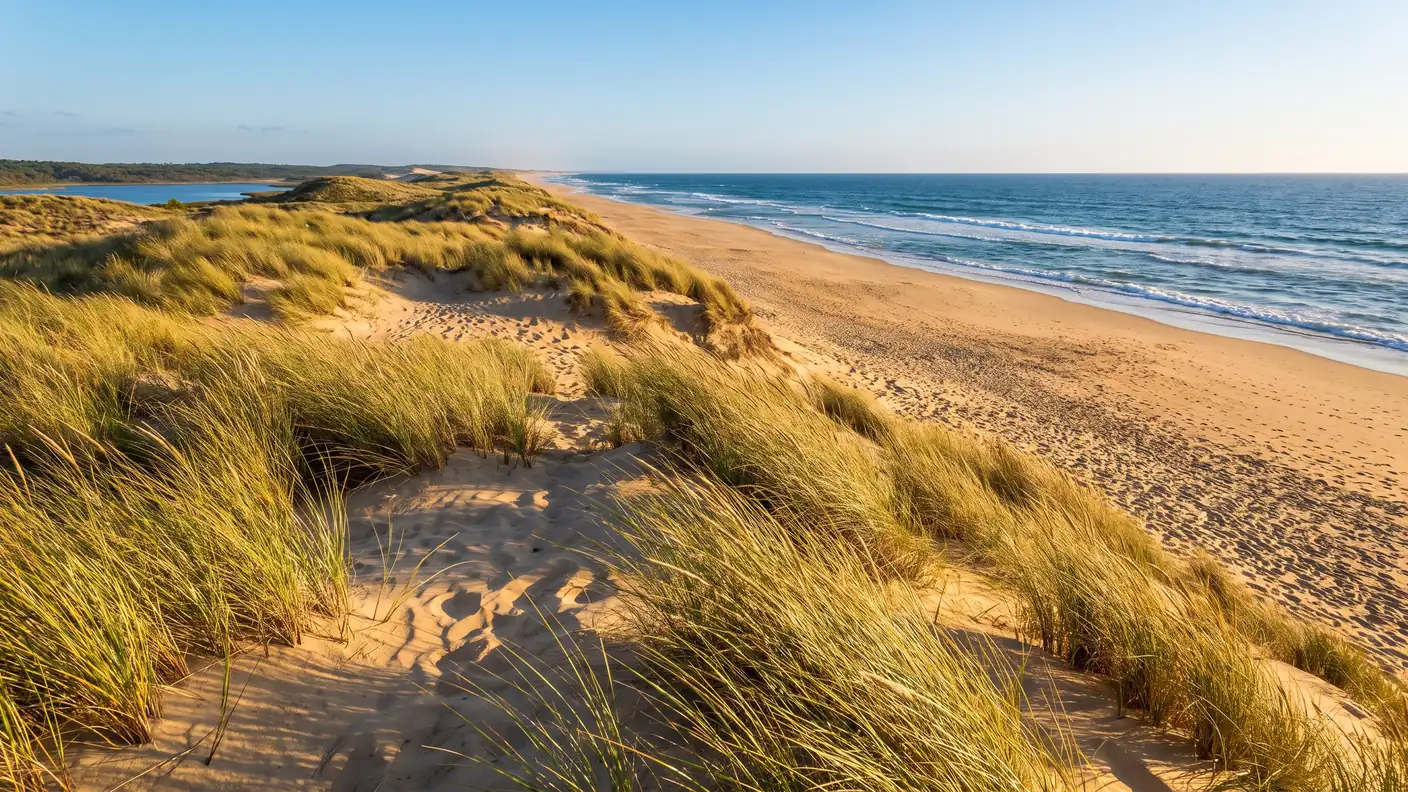 Las dunas de espartina y la playa oceánica de Lacanau, cerca del camping Les Grands Pins