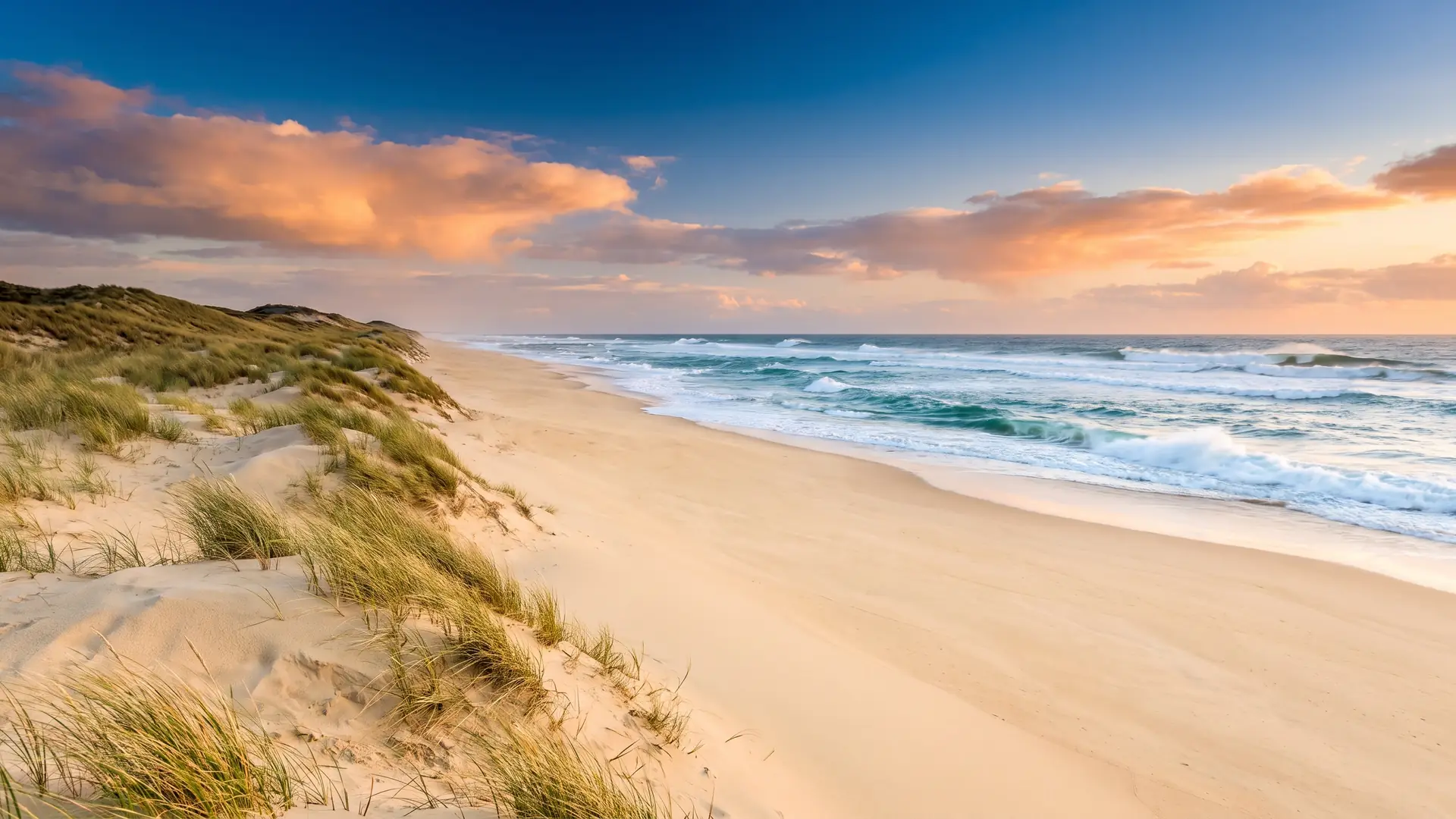 Las olas del Atlántico rompiendo en la playa desierta de Lacanau, cerca del camping Les Grands Pins