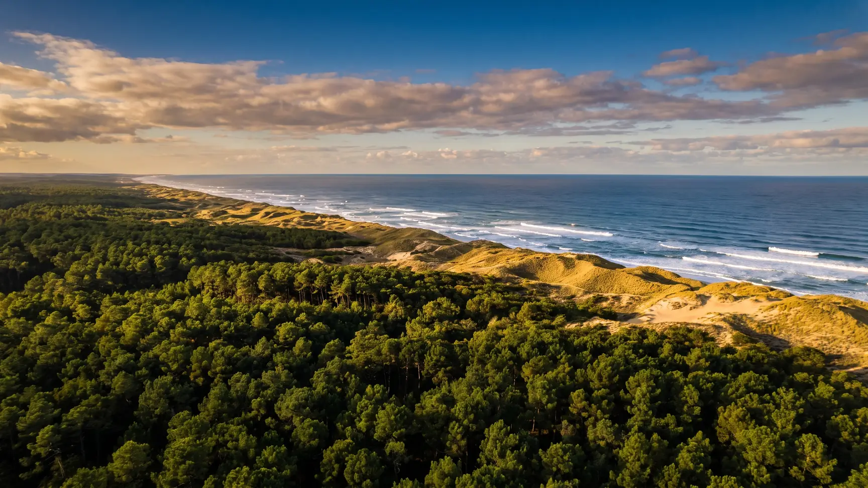 La Côte d'Argent, cerca de Lacanau, con su bosque de pinos y sus dunas frente al Atlántico, junto al camping Les Grands Pins