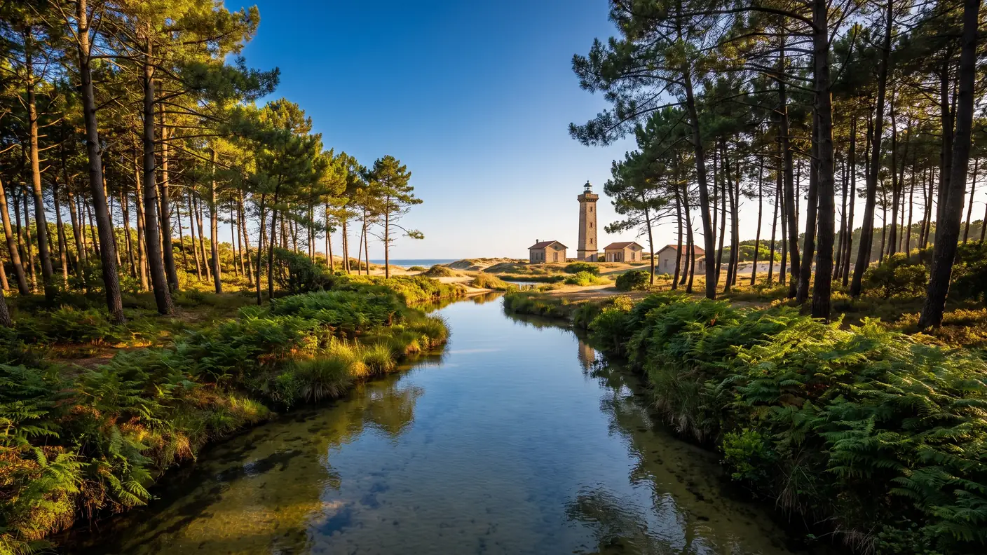 El río Courant de Contis, que serpentea por el bosque de pinos de las Landas hacia el océano, cerca del camping Les Vignes