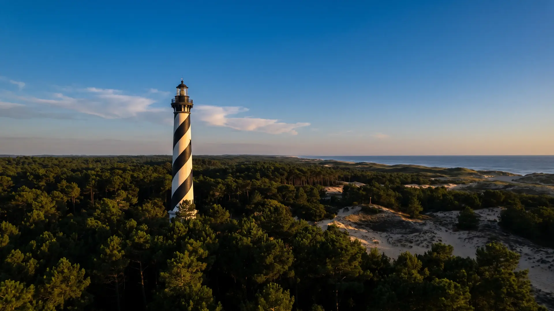 El faro de Contis, con sus rayas negras en espiral, que se alza sobre el bosque de pinos de las Landas, cerca del camping Les Vignes