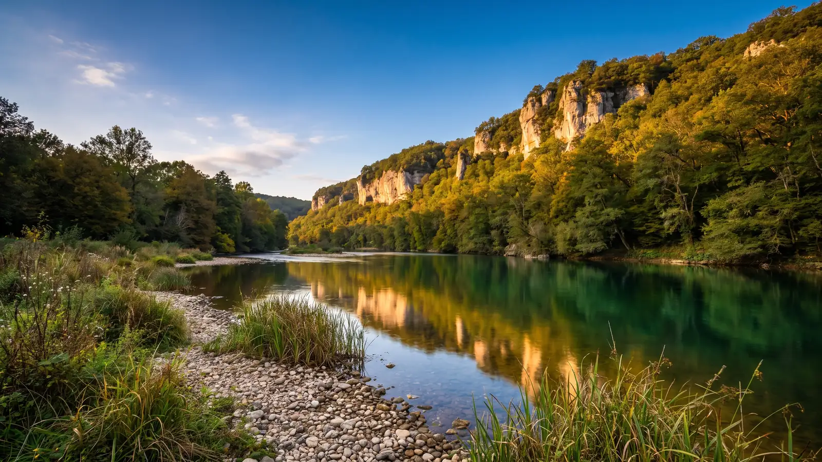 El Vézère, entre acantilados de piedra caliza y bosques, cerca de Le Bugue