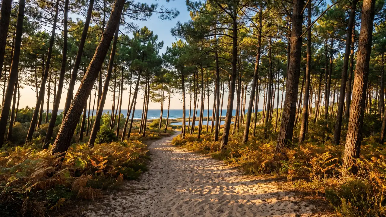 Un sendero en el bosque de pinos del Médoc, cerca de Lacanau, junto al Camping & Spa Airotel L'Océan