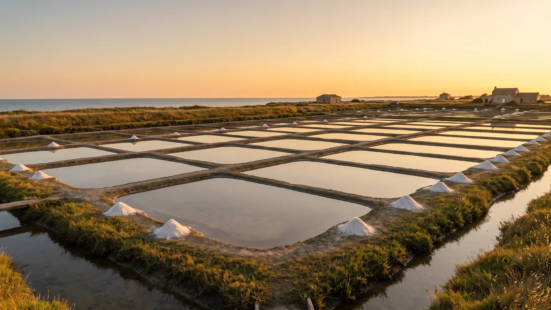Salinas y montones de sal en la isla de Ré