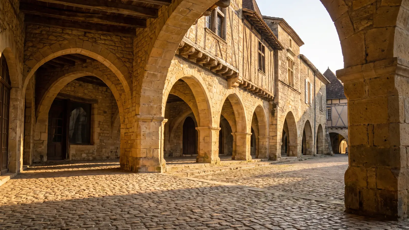 The stone arcades in the central square of Monpazier, a bastide town in the Périgord region, near the Château de Fonrives campground