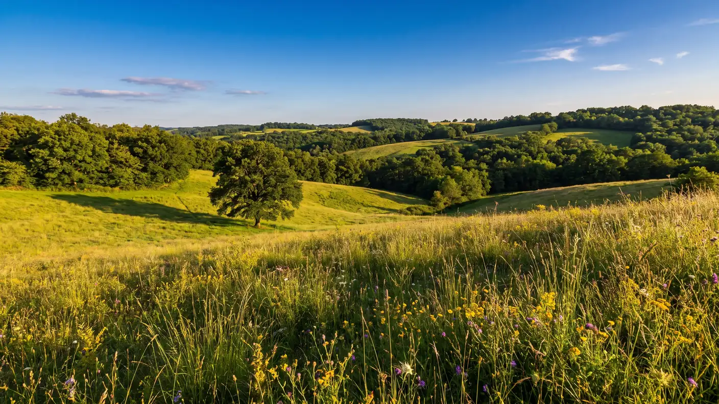 Hills dotted with meadows and woods in the region of the bastides near Villeréal, surrounding the Château de Fonrives campground