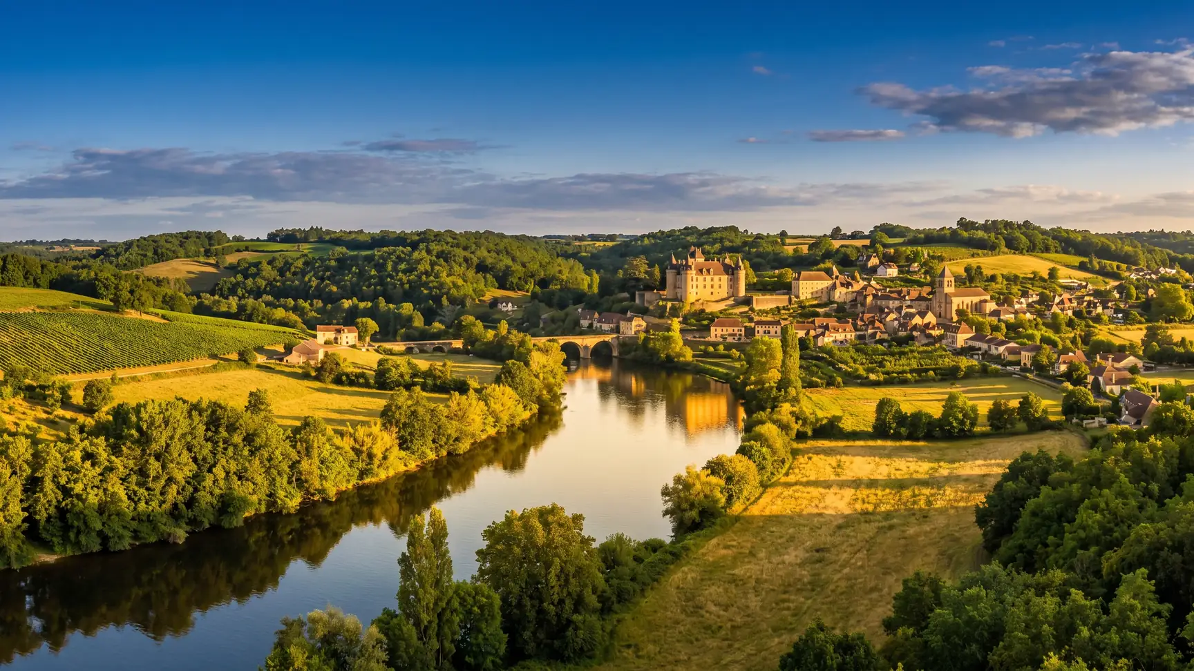 The Dordogne Valley near Bergerac, nestled among vineyards and wooded hillsides, near the Château de Fonrives campground